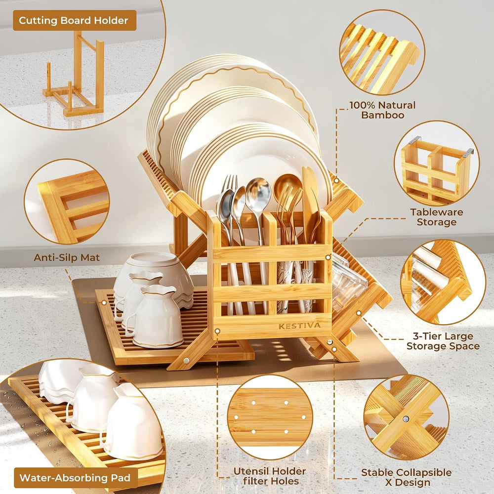 Bamboo Dish Drying Rack with Utensil Holder 3 Tier Dish Drainer