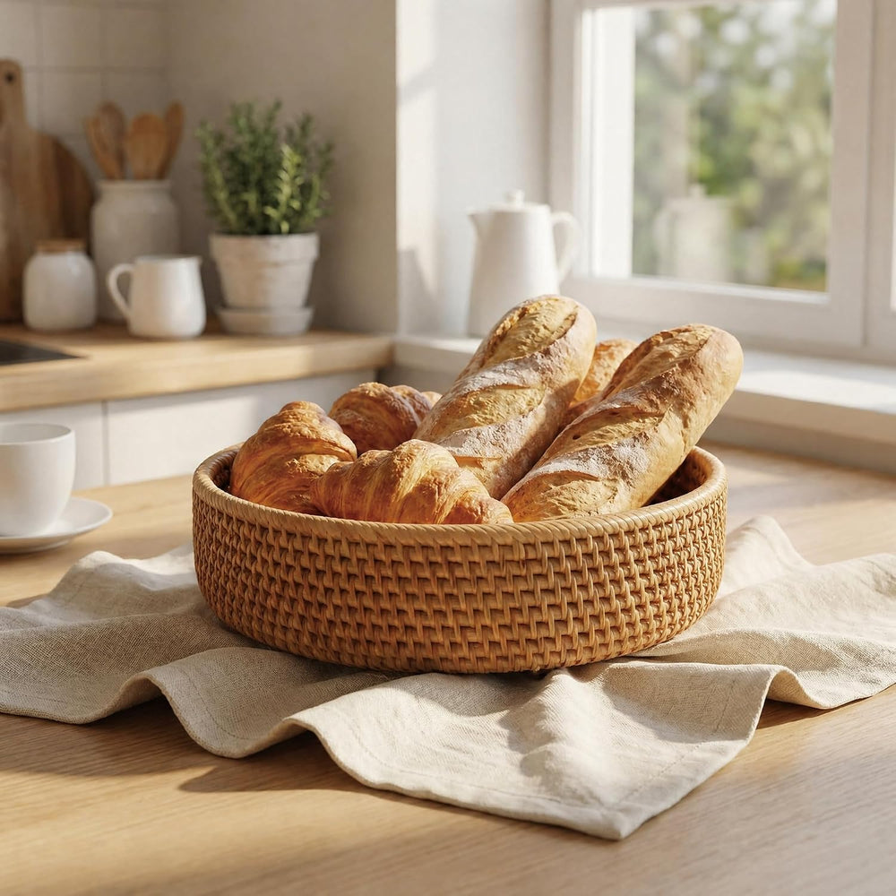 YANGQIHOME Fruit Basket, Wicker Basket Rattan Fruit Bowls, Round Bread Basket...