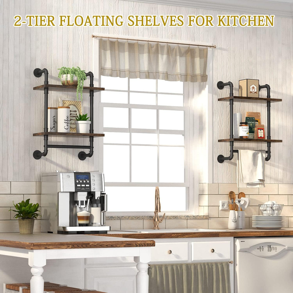 Helsin 2 Tier Industrial Pipe Floating Bathroom Shelves Wall Mounted with Tow...