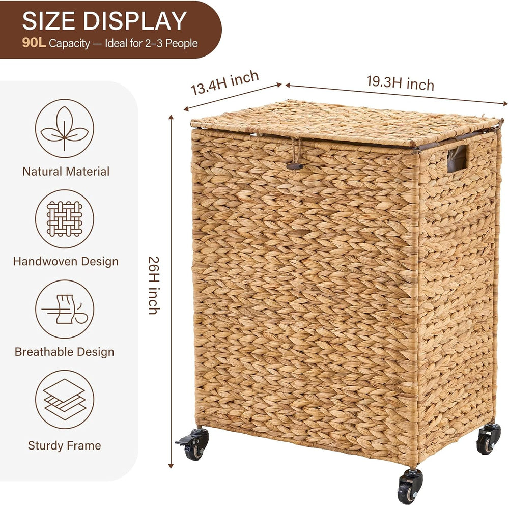 Hand-Woven Natural Water Hyacinth Laundry Basket with Wheels