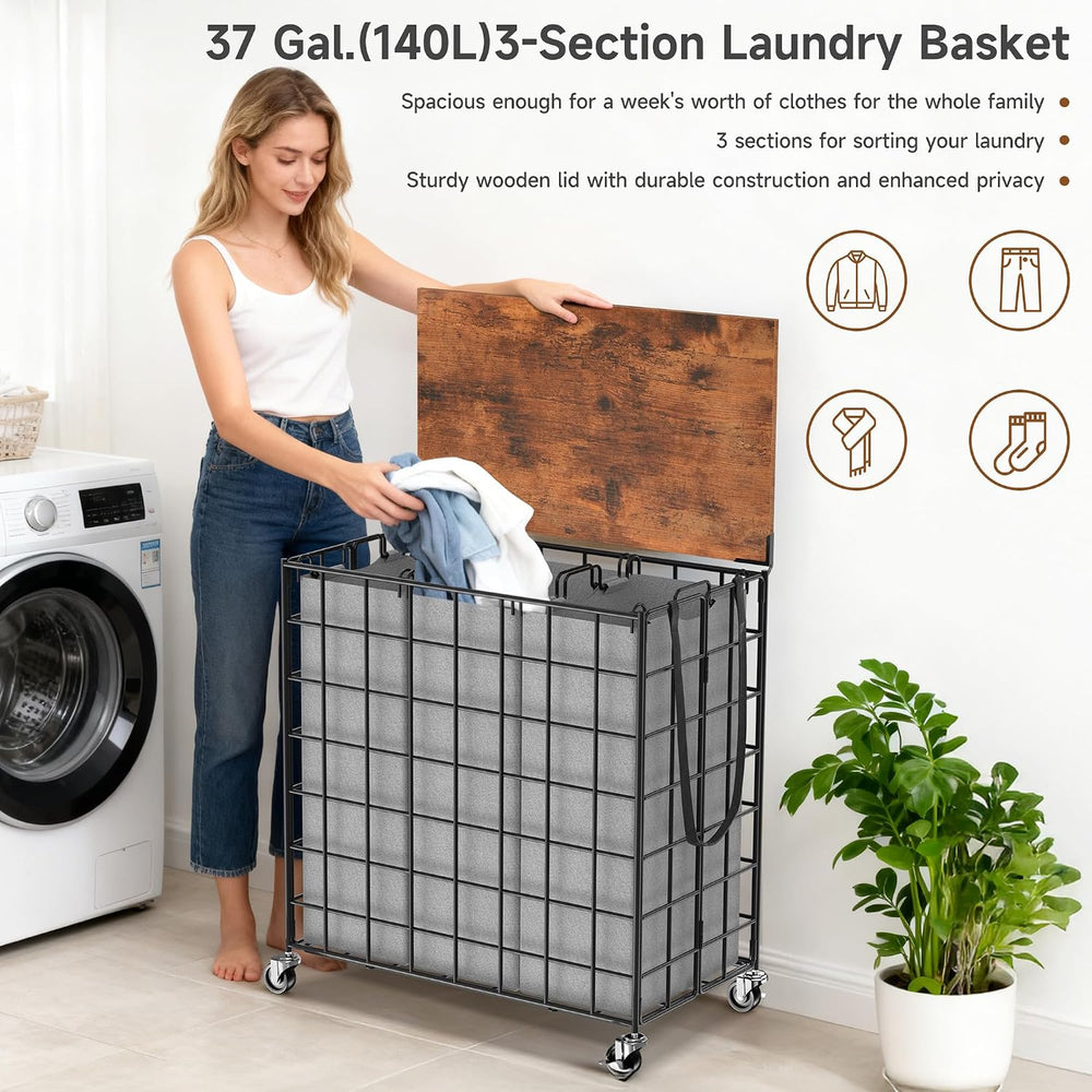 Laundry Basket with Wheels, Heavy Duty Laundry Sorter 3 Sections, 140L (37Gal...