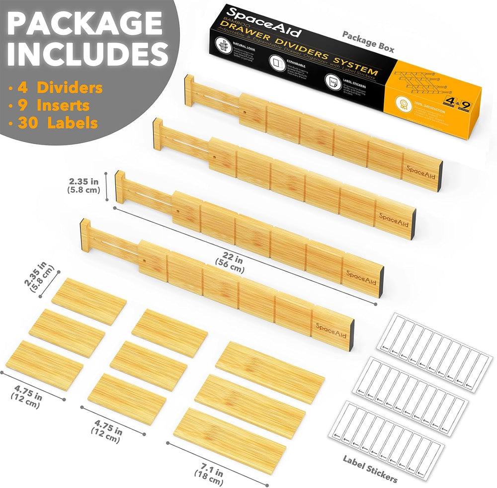 SpaceAid Bamboo Drawer Dividers with Inserts and Labels, Kitchen Adjustable D...