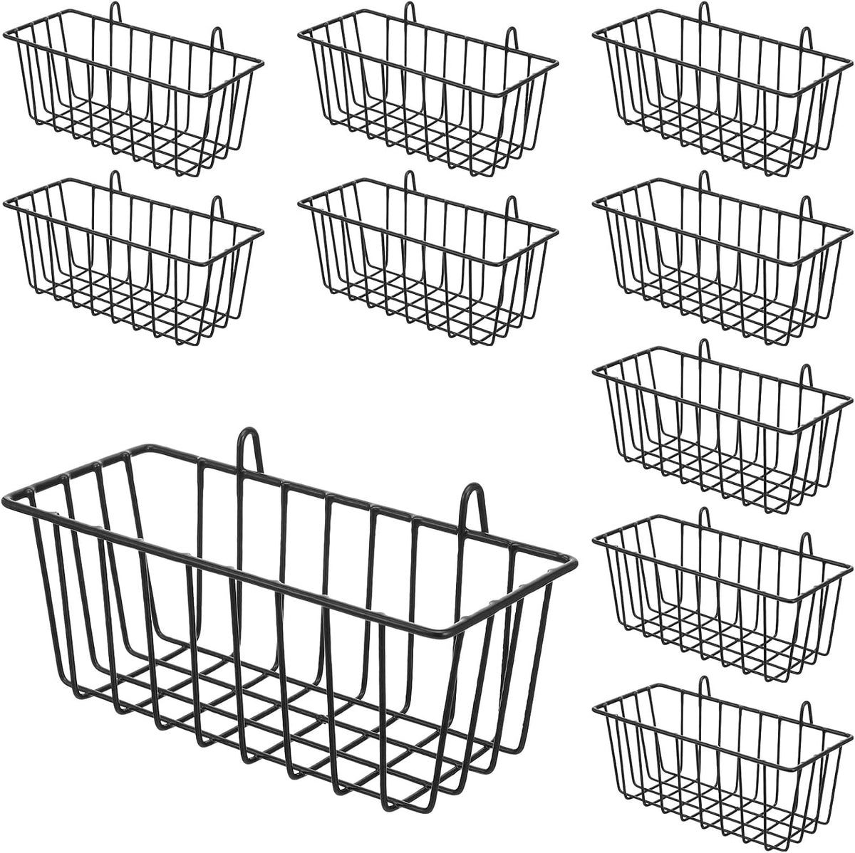 10 PCS Hanging Wire Baskets for Organizing - Hanging Metal Basket Storage with Wall Grid Panel, Rust-Resistant Iron for Kitchen Bathroom Home Decor (Black, 9x3.9x3 Inches)