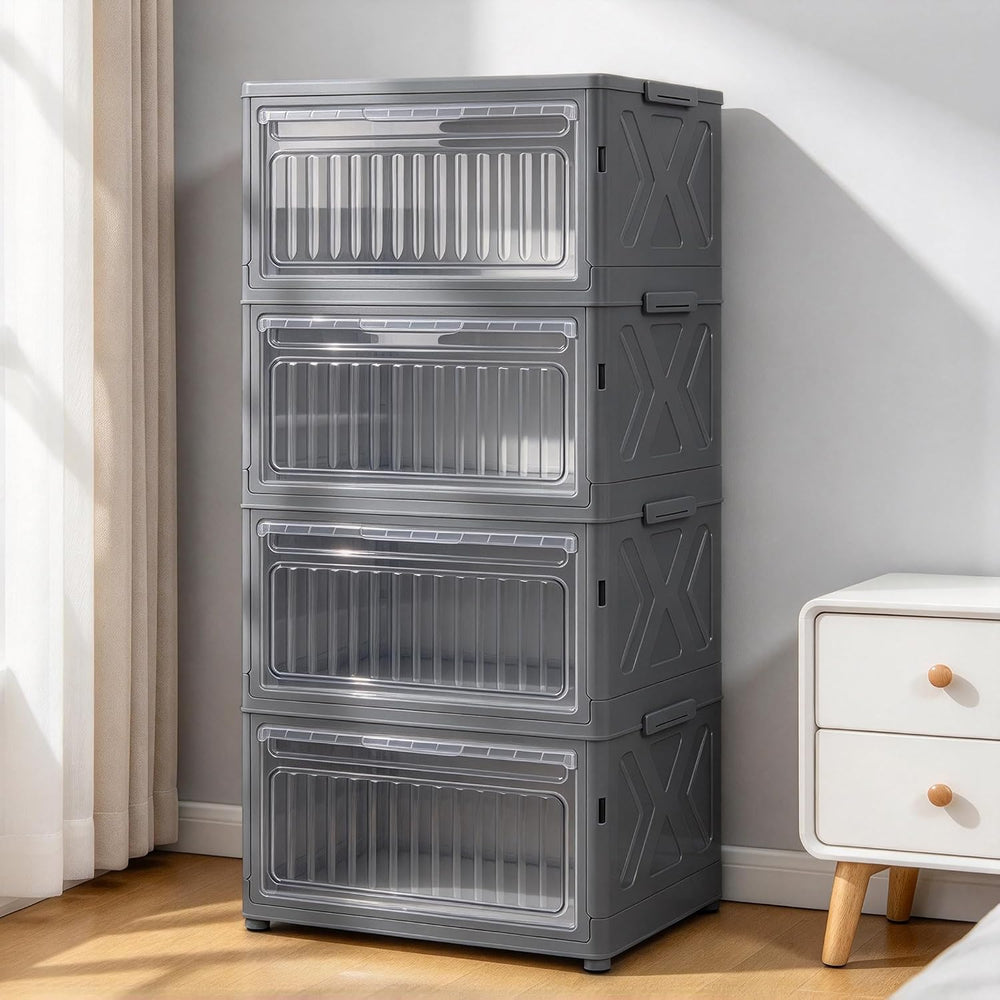4 Tier Stackable Storage Bins with Lid, 132QT Collapsible Cabinet with Door