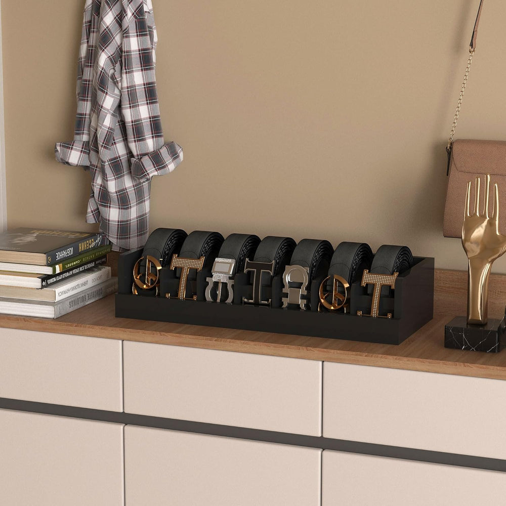 Belt Storage Organizer Box - 7 Grids Bamboo Belt Organizer for Closet | Woode...