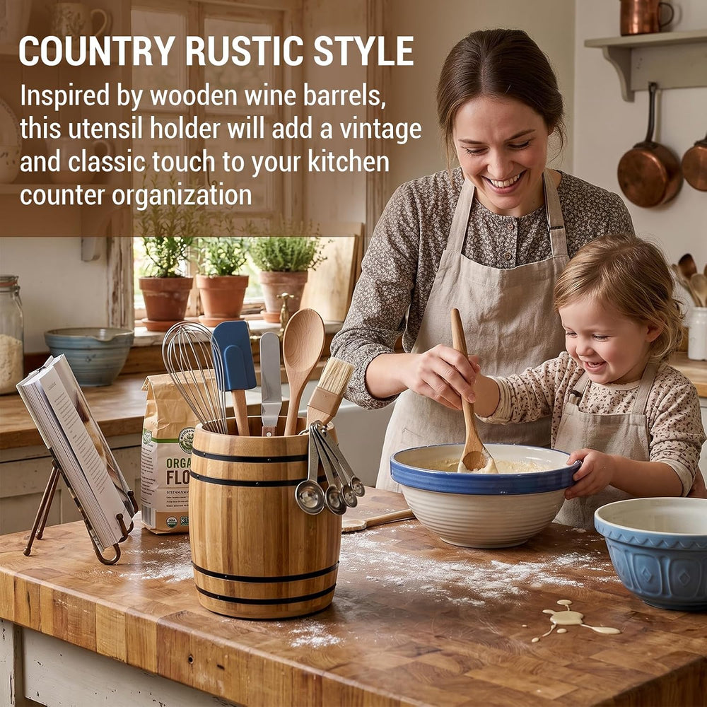 MyGift Wine Barrel Design Kitchen Utensil Crock, Light Brown Solid Bamboo Woo...