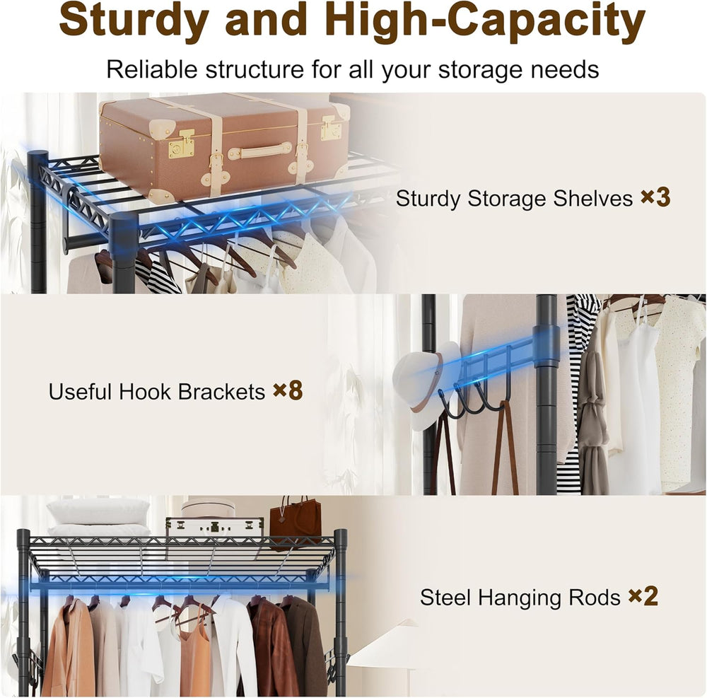 Whitmor 3 Tier Rolling Garment Rack, Heavy Duty Adjustable Metal Clothing Rac...