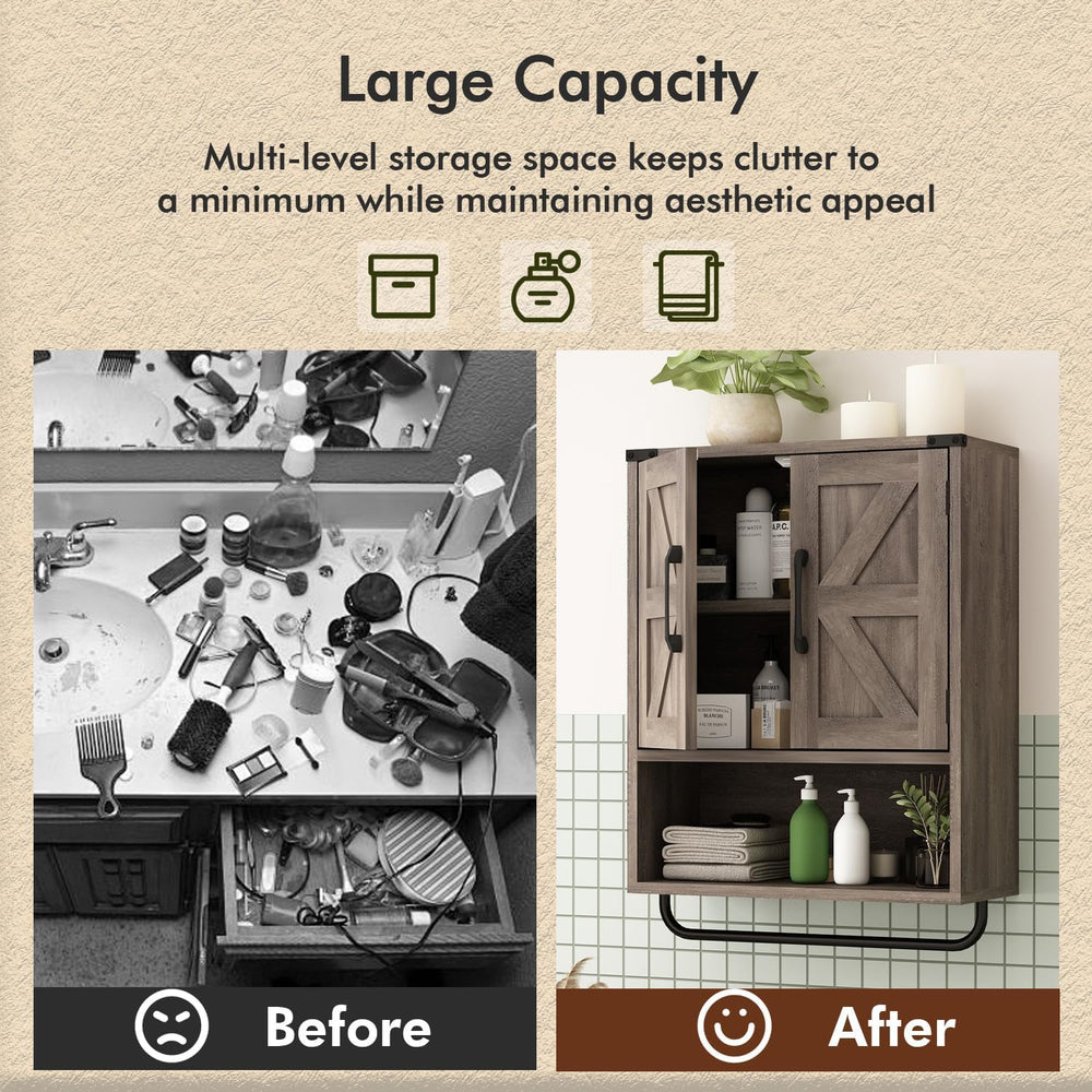 RUSTOWN Farmhouse Wall Storage Cabinet with 2 Barn Door & Towel Rack