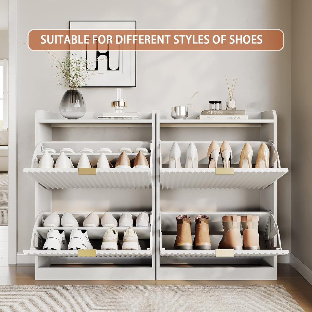 White Fluted Shoe Cabinet, Narrow Entryway Storage Rack Organizer
