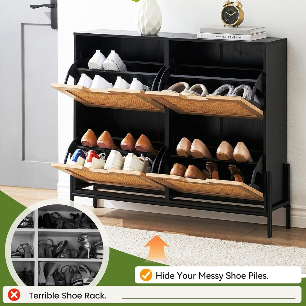 IDEALHOUSE Natural Rattan 4 Flip Door Shoe Cabinet Organizer Freestanding, Mo...