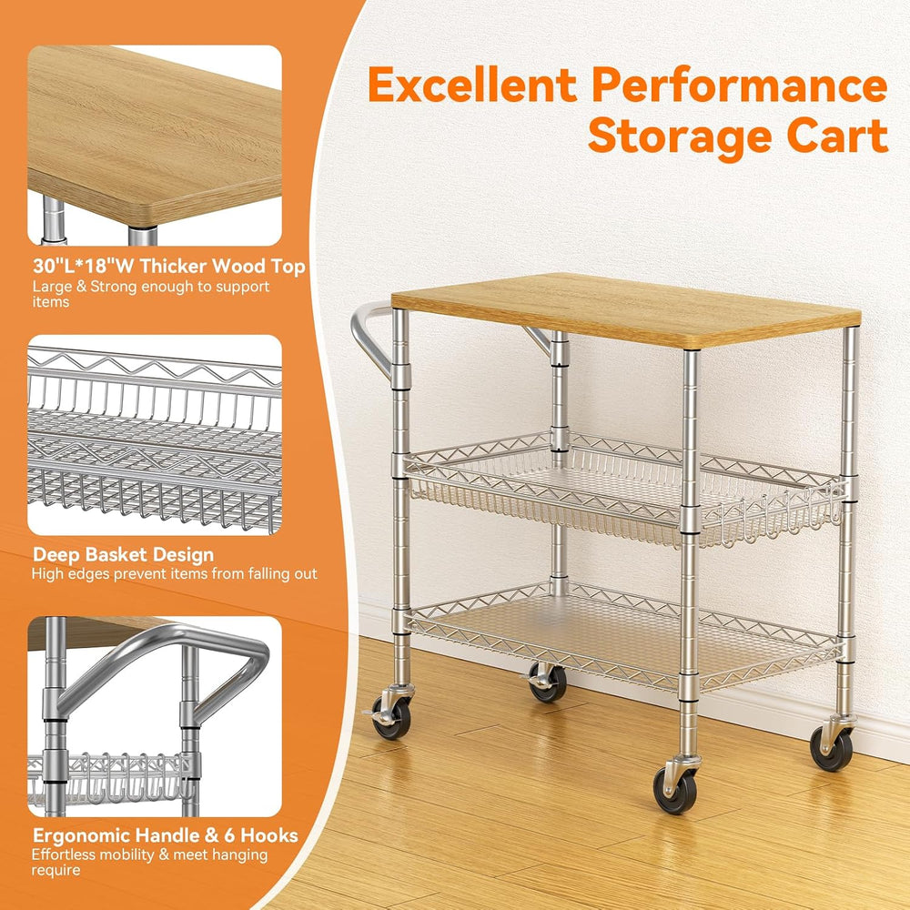 3 Tier Rolling Kitchen Carts on Wheels with Storage,650Lbs Heavy Duty Utility...