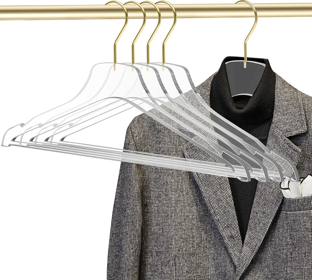 Quality Hangers Acrylic Clear Lucite Hangers - 5-Pack with Bar Matte Gold Hoo...