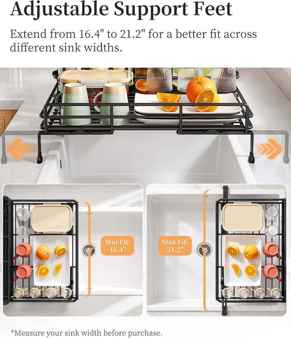 SAYZH Expandable Dish Drying Rack for Kitchen Counter, Metal, Black