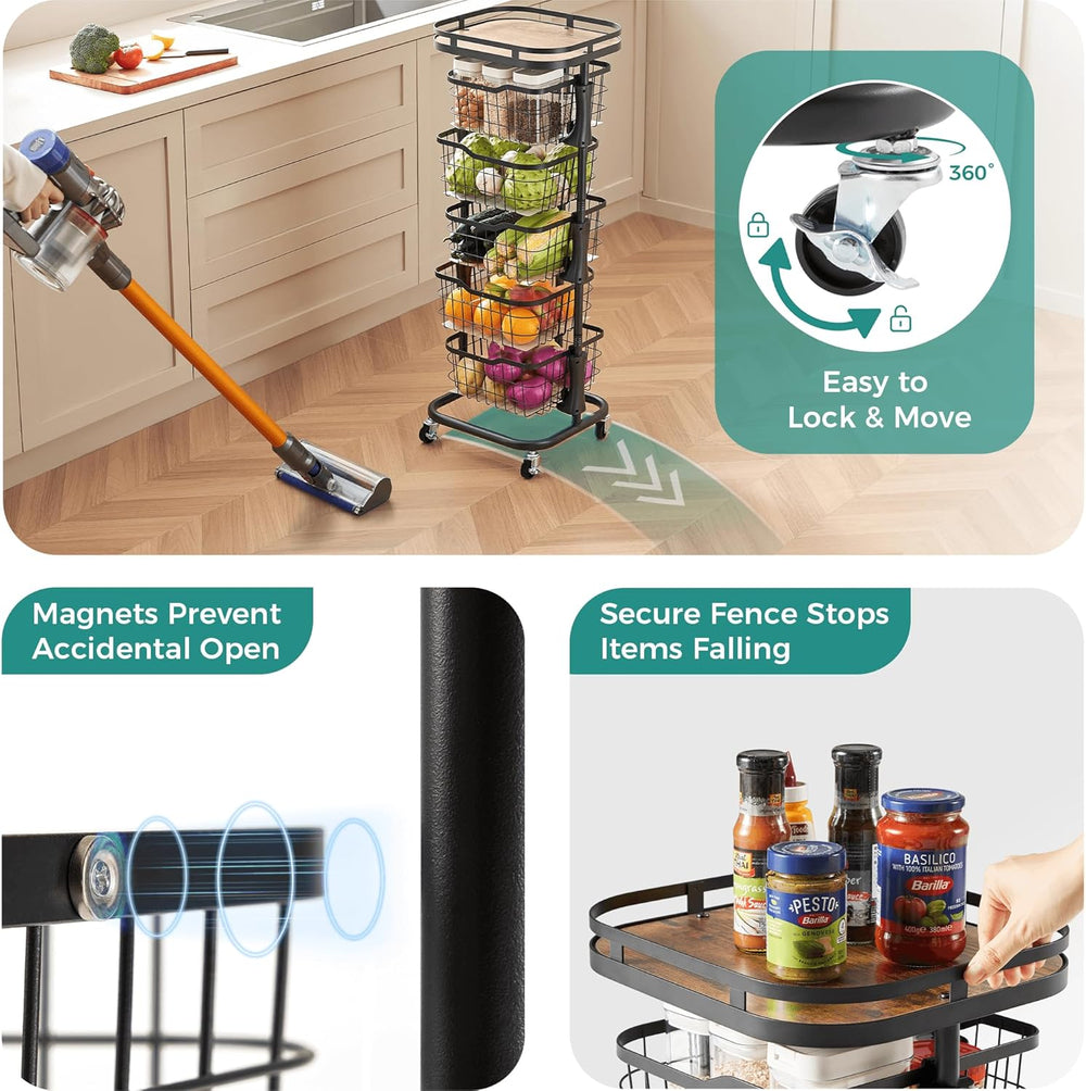 5 Tier Rotating Kitchen Storage Cart, Fruit Vegetable Potato Rack Stand