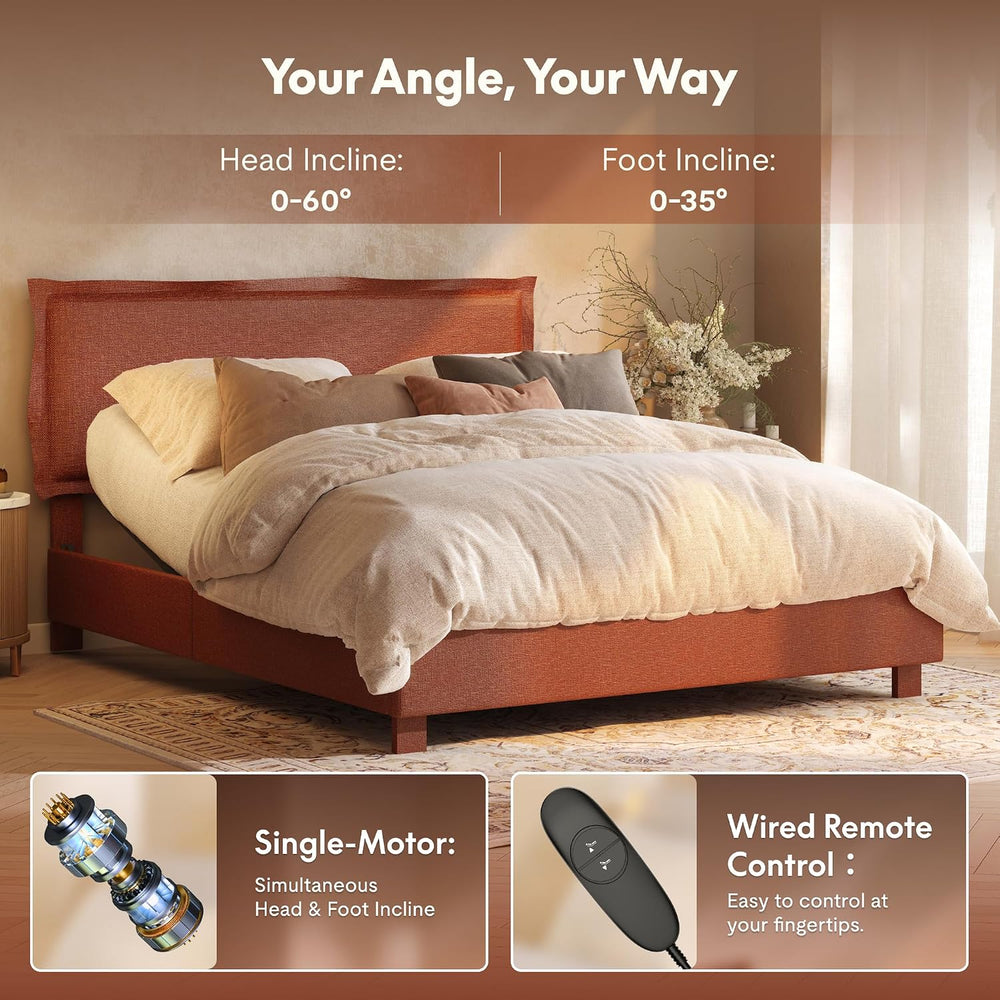 FLEXISPOT Adjustable Bed Base with Upholstered Bed Frame, Head & Foot Lift
