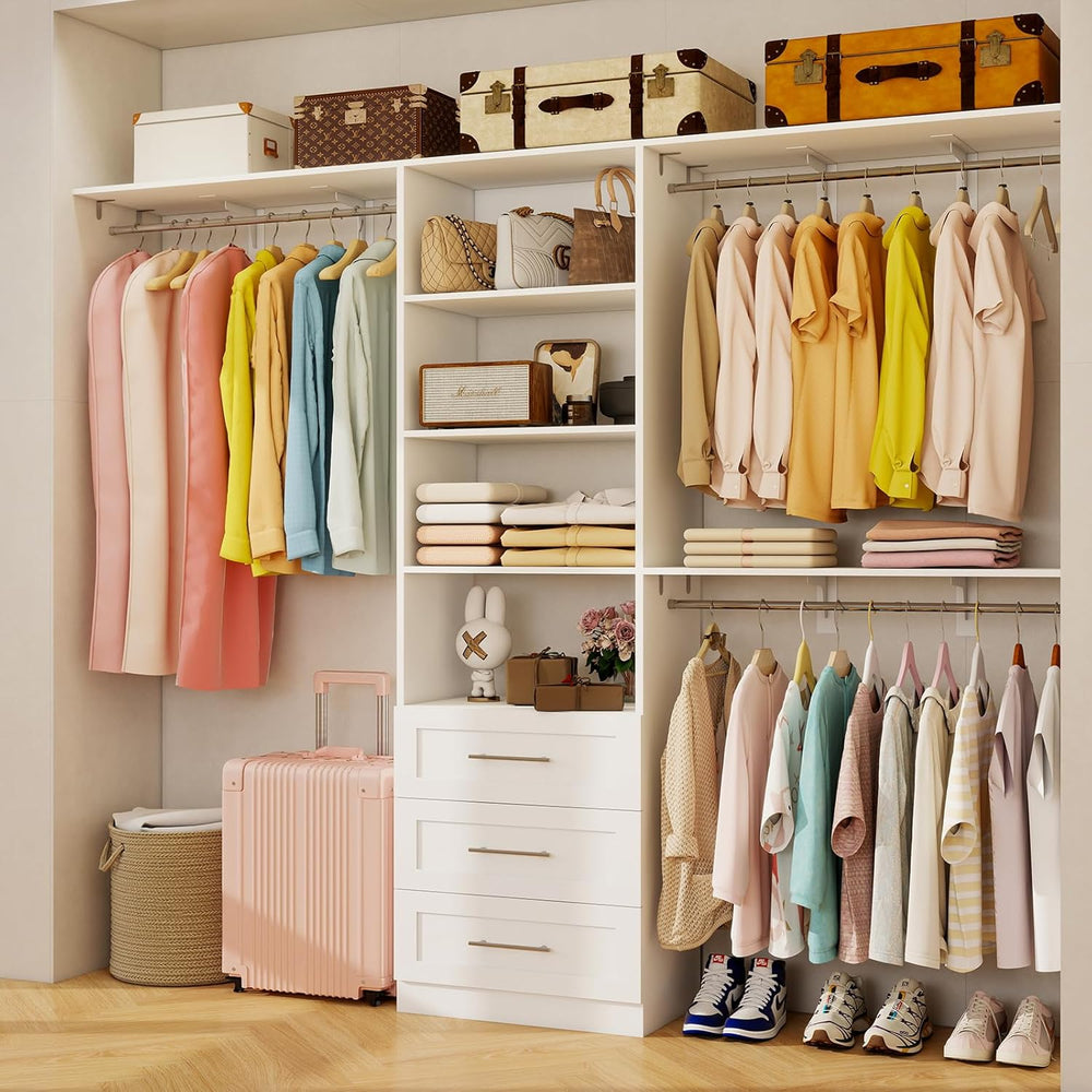 Closet System with Drawers, 5FT-8FT Closet Organizer System with 3 Cuttable S...