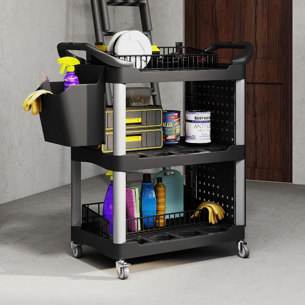 HOMCOM 3 Tier Utility Cart on Wheels with Pegboards, Black and Light Gray