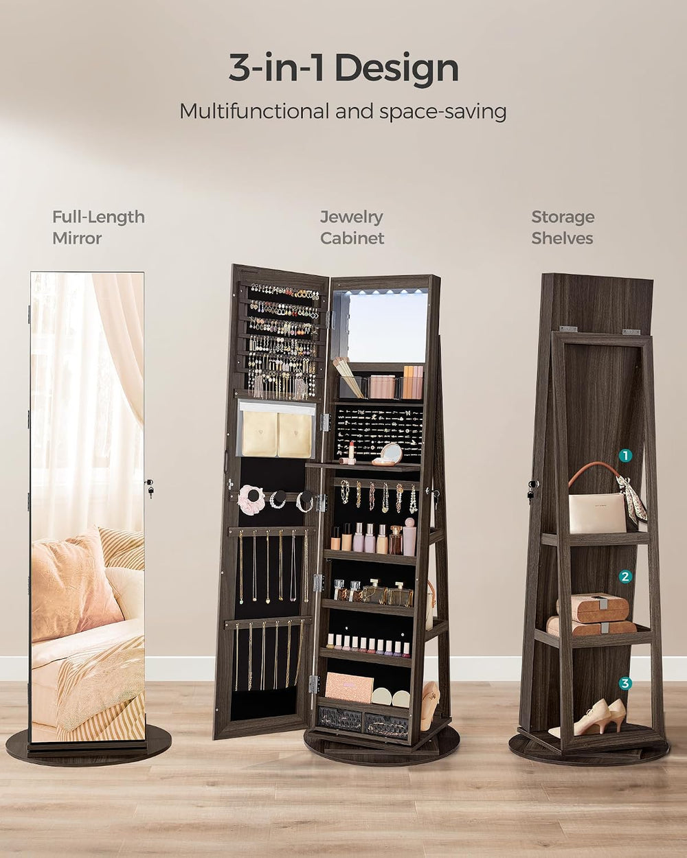 SONGMICS 6 LEDs Mirror Jewelry Cabinet Organizer, 360° Swivel, Lockable