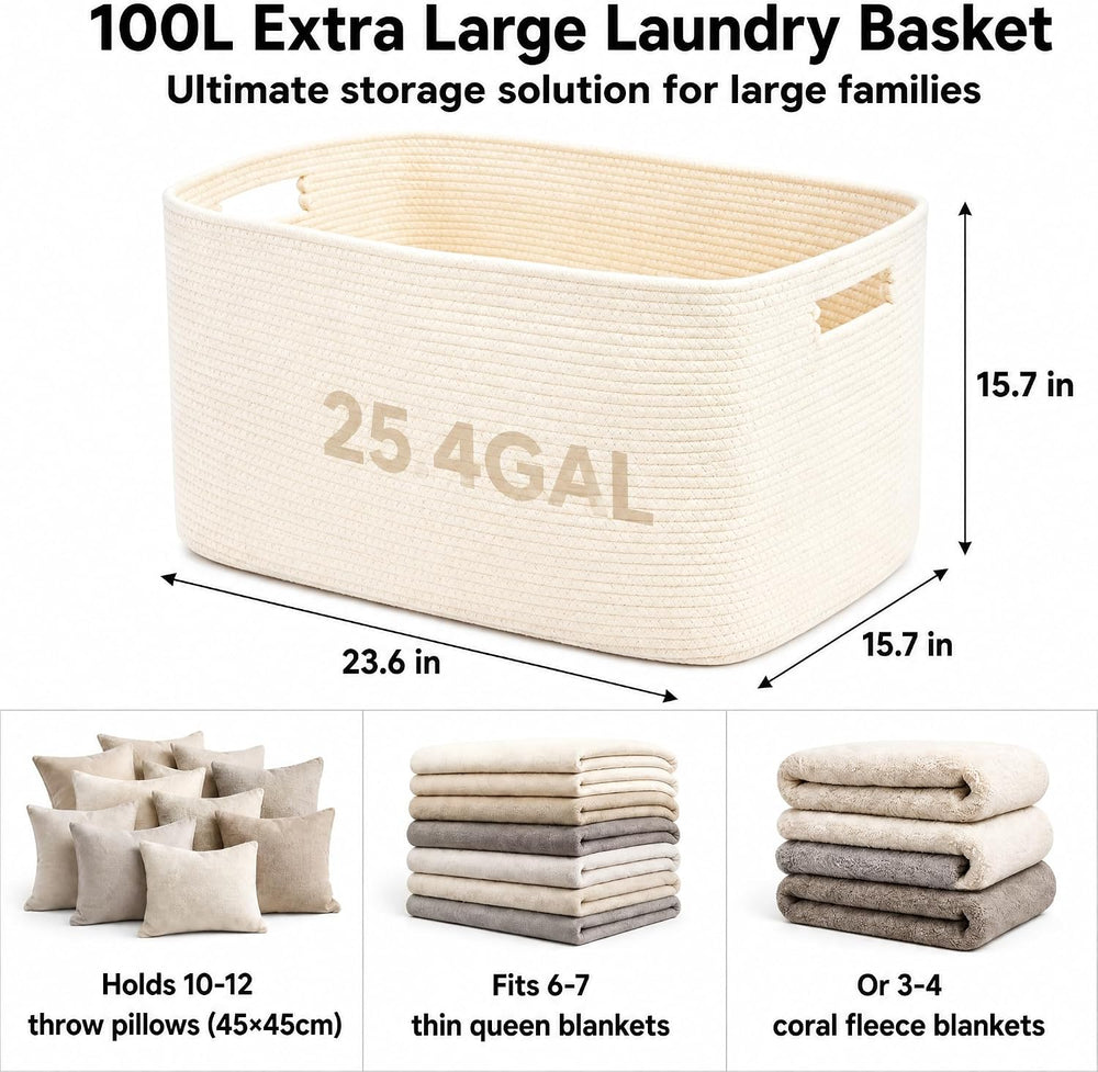 25.4GAL Collapsible Cotton Rope Extra Large Storage Basket For Bedroom Closet...