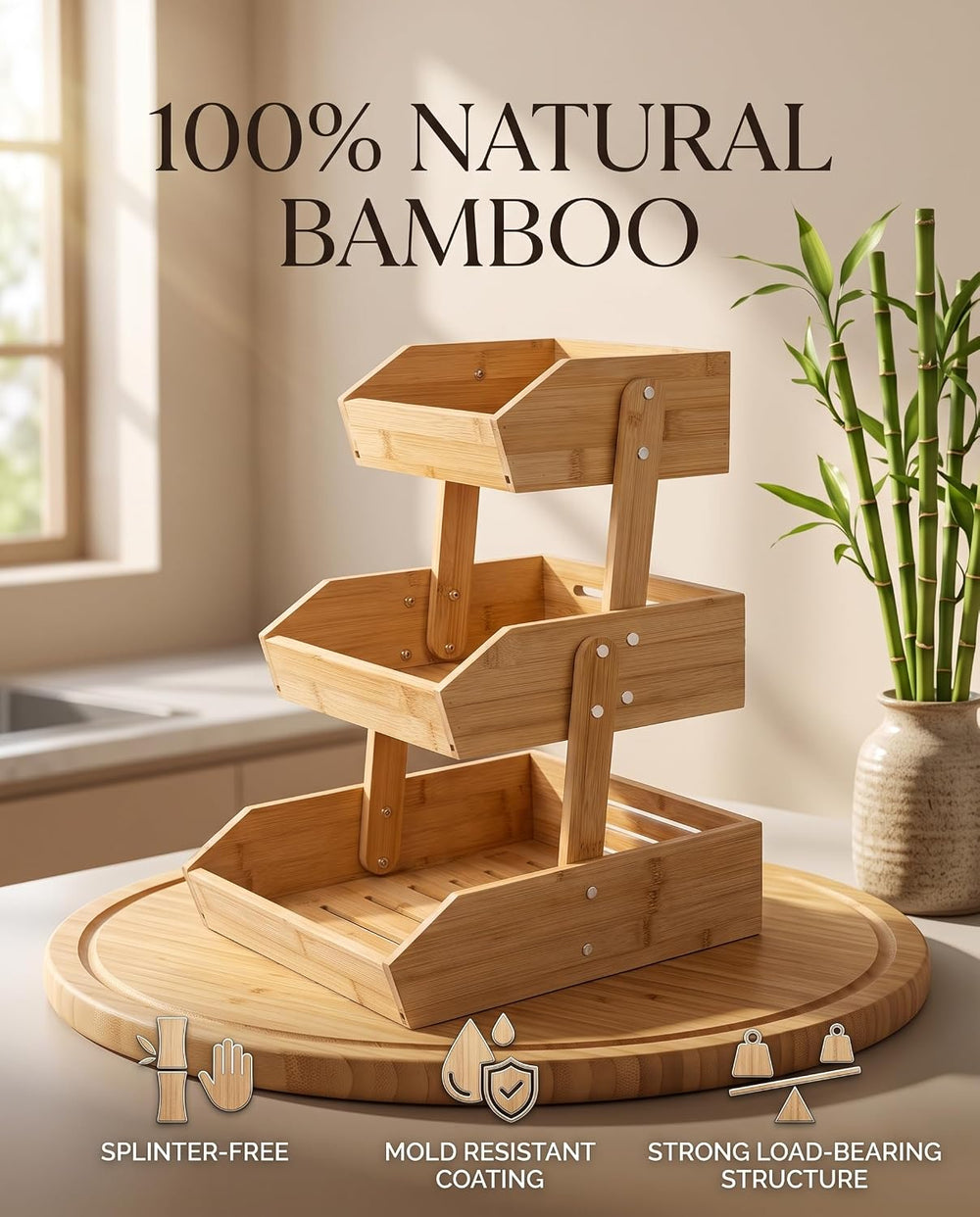 DEKAVA 3 Tier Bamboo Fruit and Vegetable Basket for Kitchen Counter