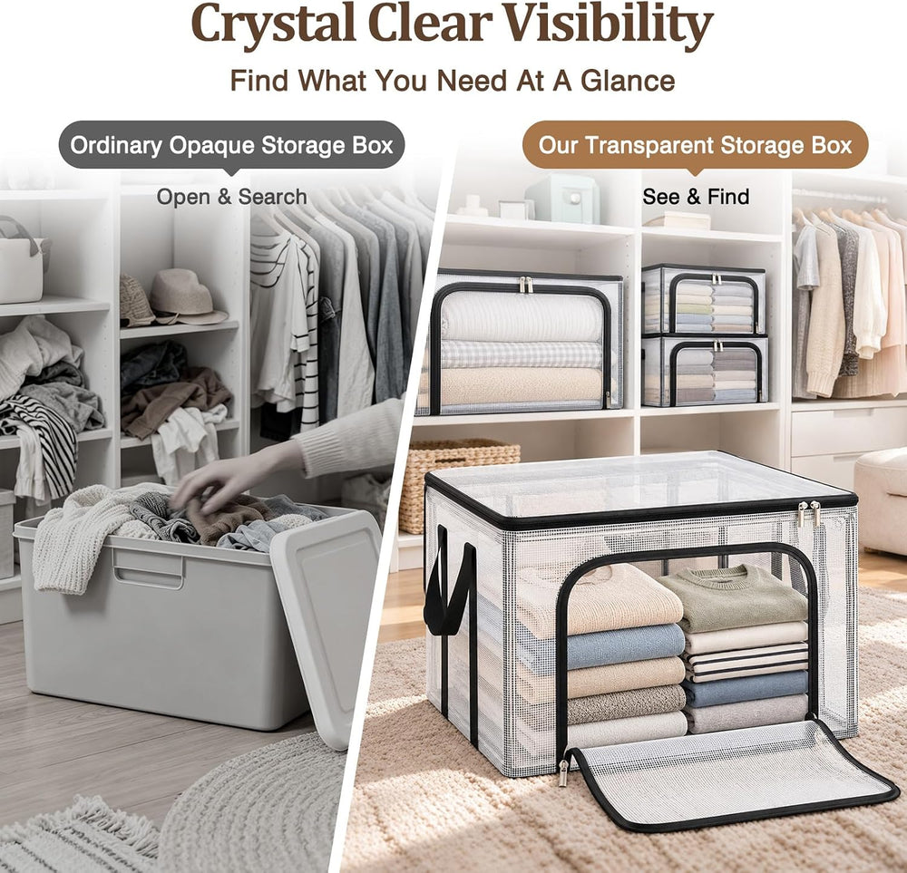 Clear Clothes Storage Bins with Metal Frame, Foldable Storage Boxes，3 Pack