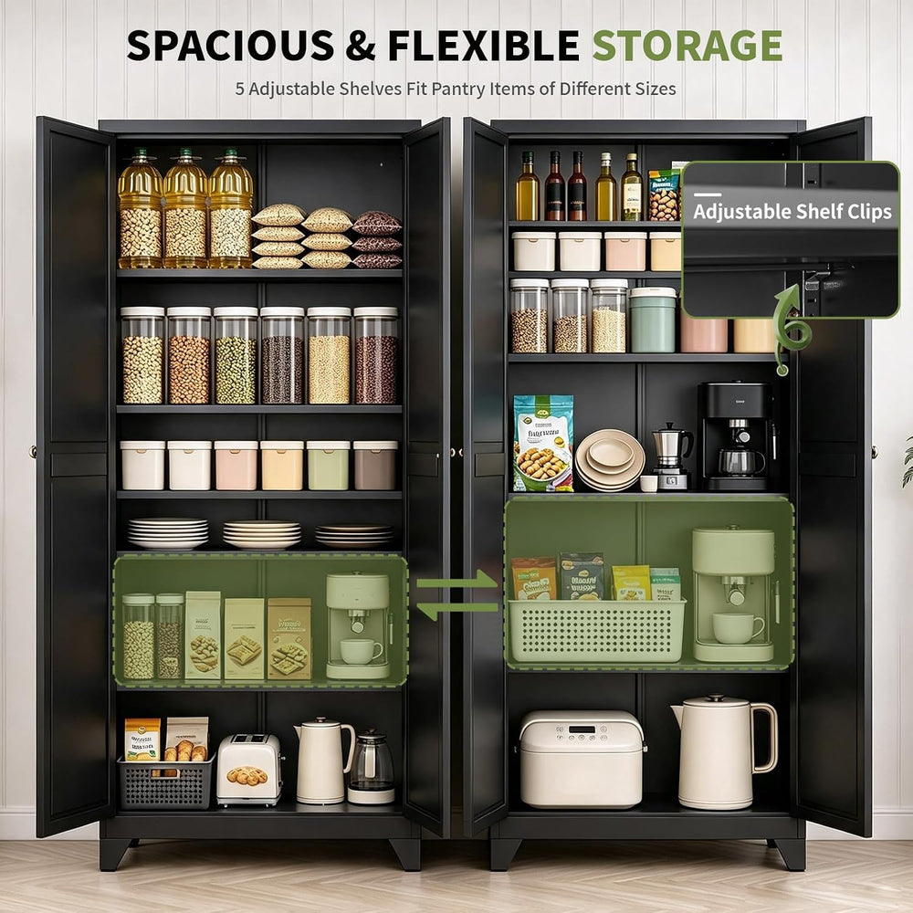 75" Metal Kitchen Pantry Cabinet with 5 Adjustable Shelves & Doors