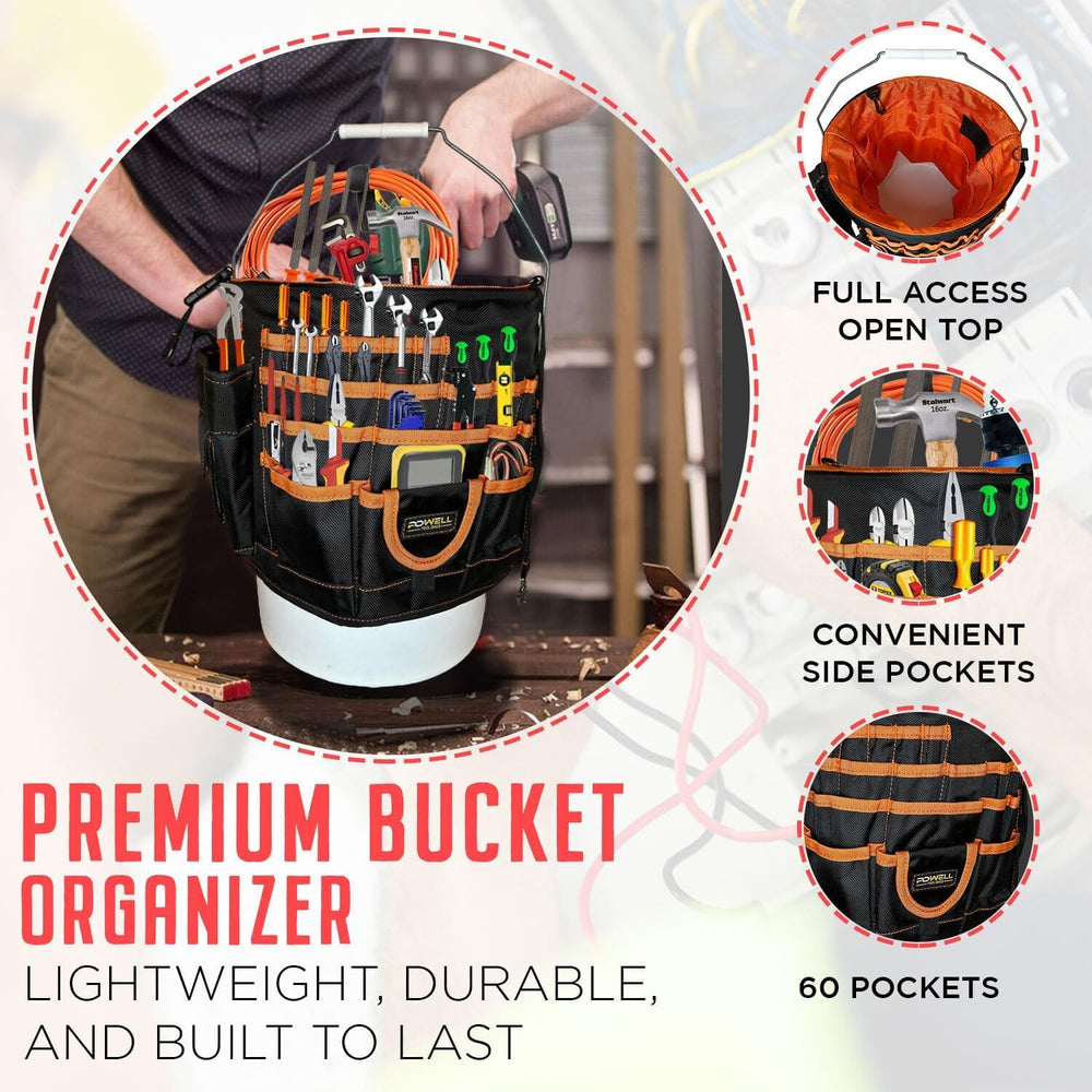 5 Gallon Bucket Tool Organizer Bag - Lightweight Tool Organizer Bag with 60 P...
