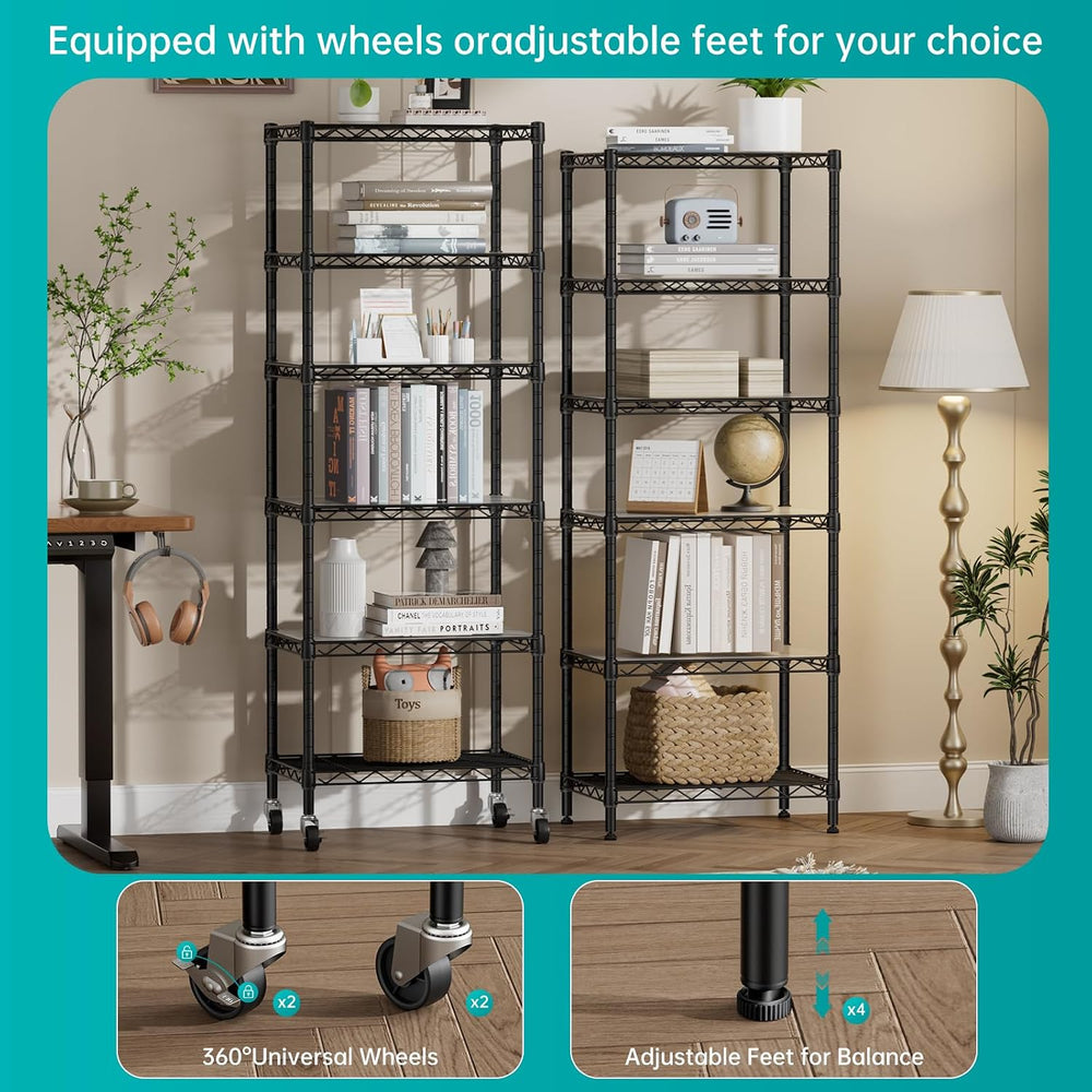 6 Shelves Storage Shelf Wire Shelving Unit Metal Adjustable Wheels