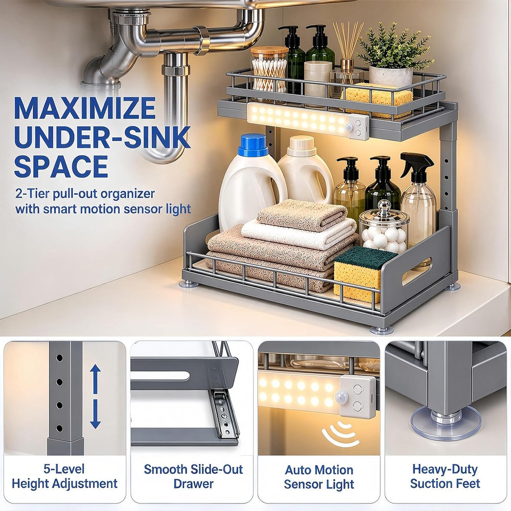Under Sink Organizer with Motion Sensor LED, Pull-Out Home Organizers