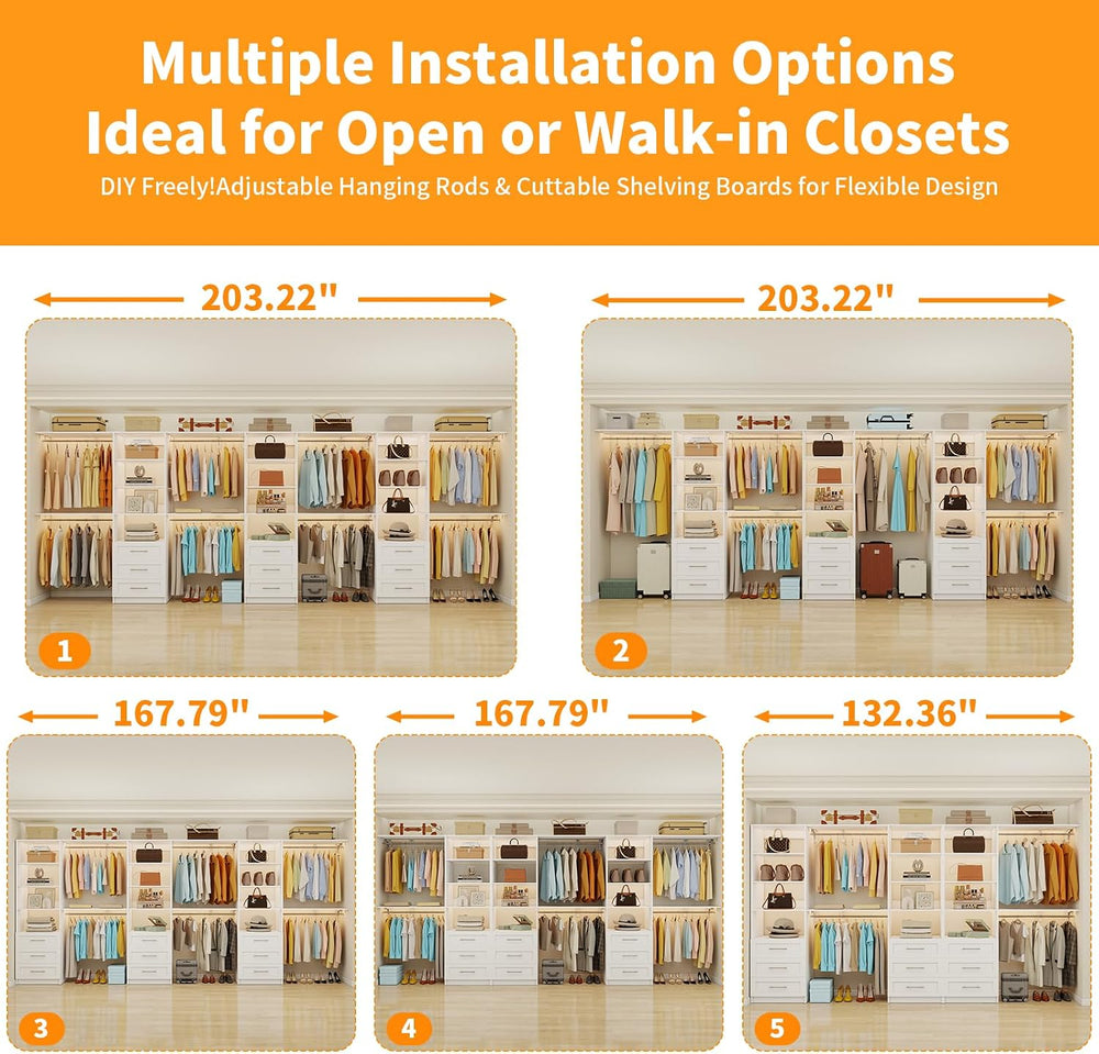 Closet System with 9 Drawers,12 Shelves,9 Rods,11FT-17FT,3 Sets,White