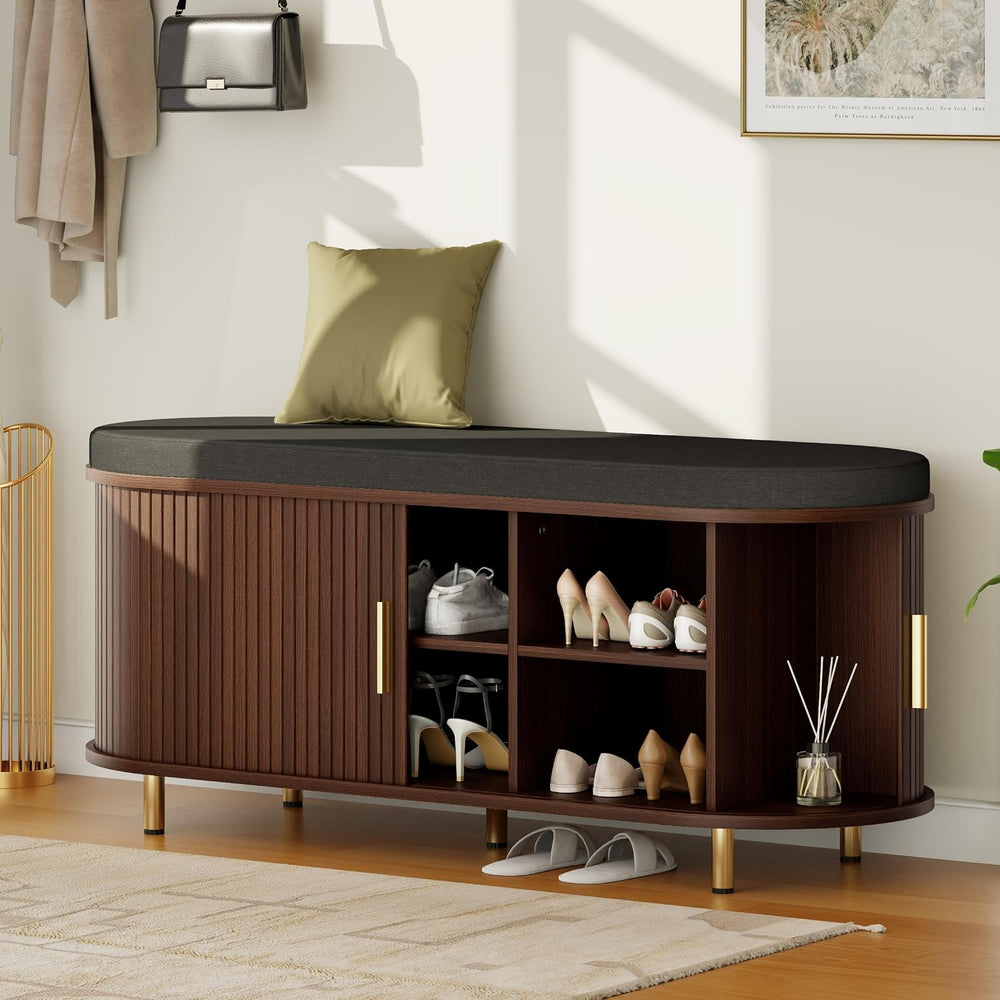 Entryway Bench with Storage: 43.31" Wooden Bedroom Shoe Bench with Thick...