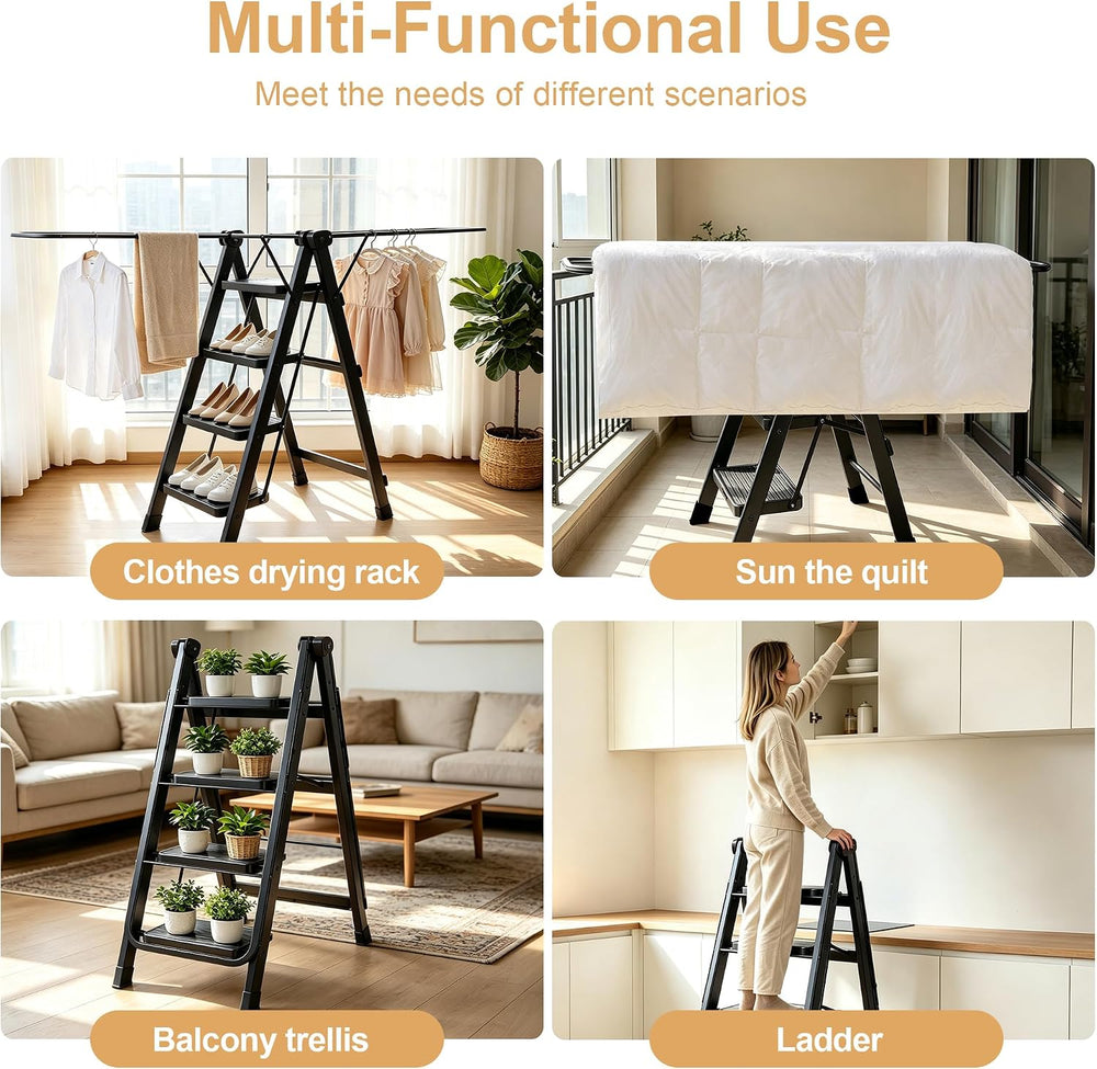 3 in 1 Clothes Drying Rack with 4 Step Folding Ladder, Collapsible Laundry Dr...
