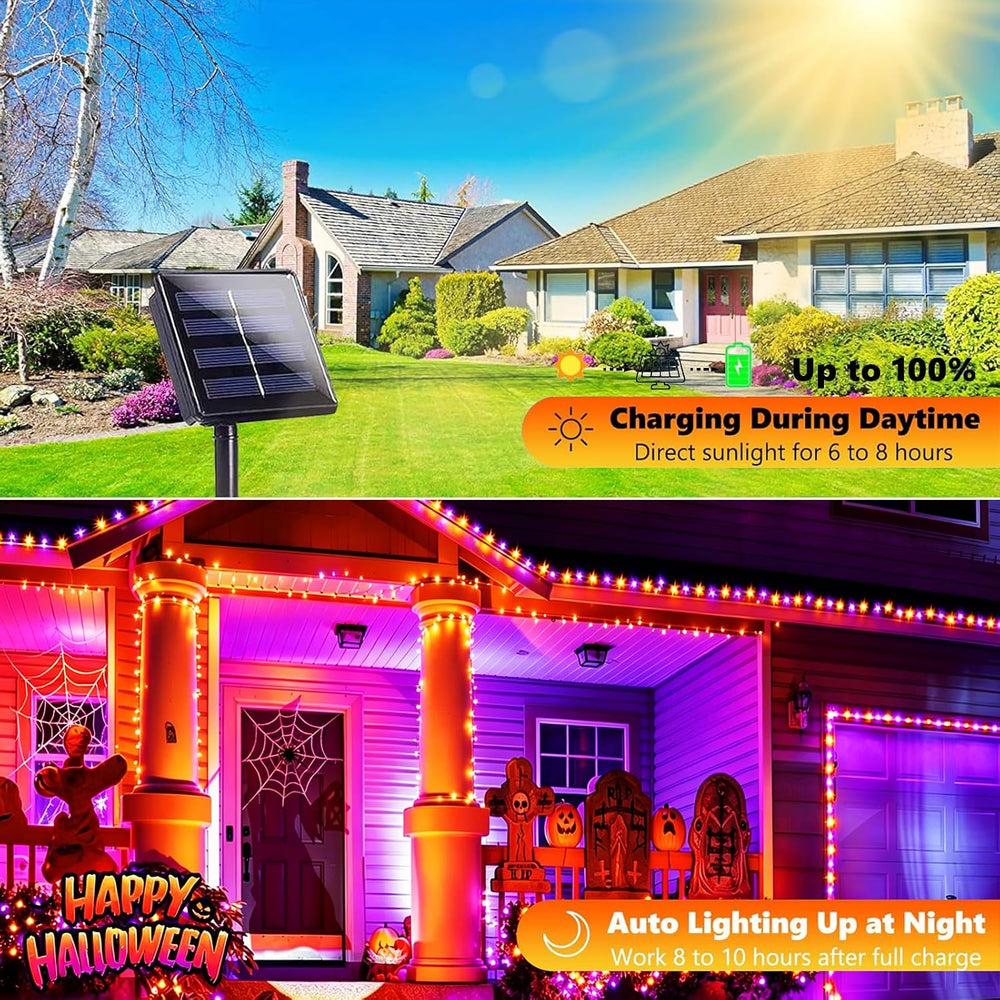 Jedavai 6Pack 240FT 600 LED Solar Halloween String Lights, Orange & Purpl...