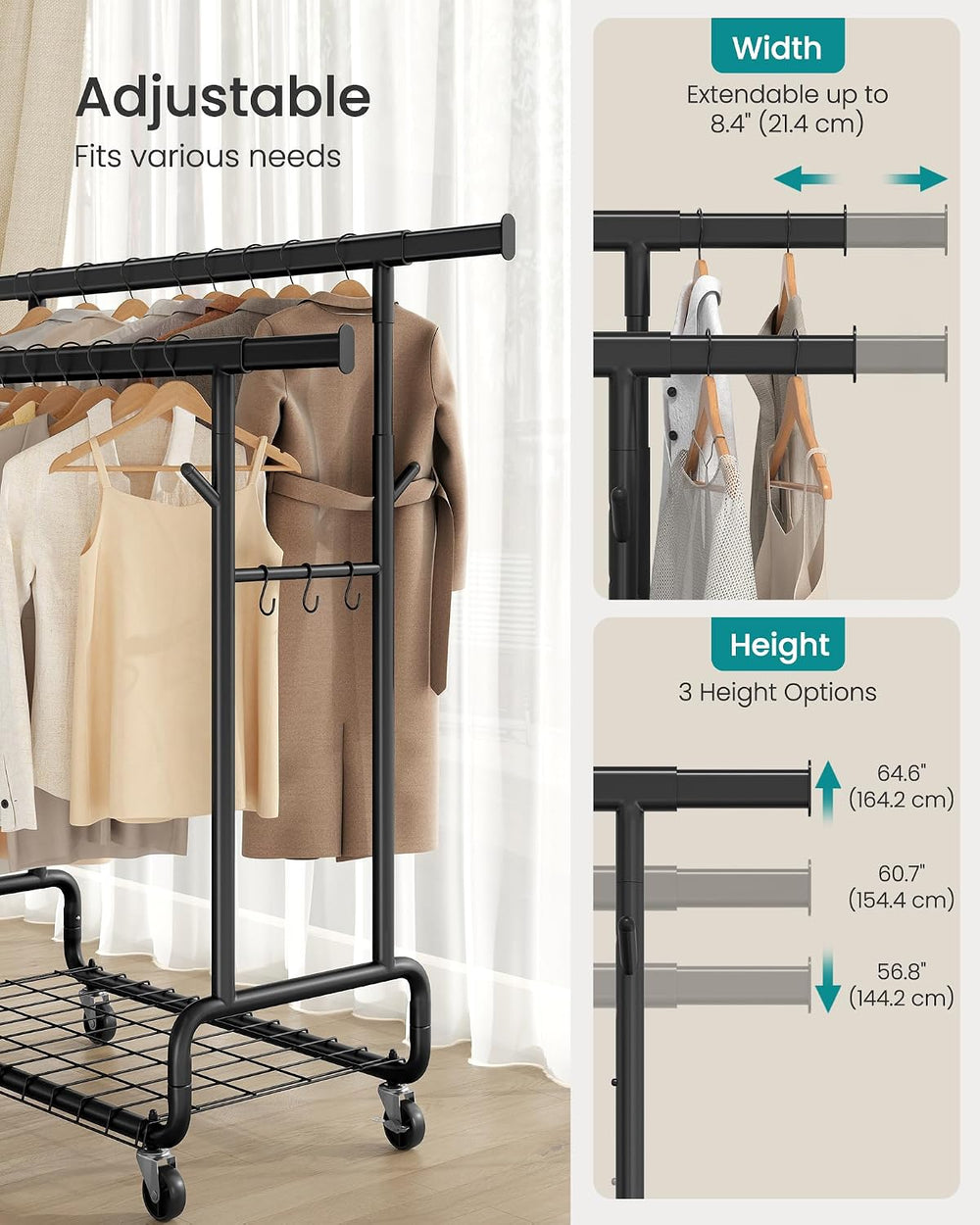 SONGMICS Clothes Rack, Heavy-Duty Rolling Garment Rack with Shelf