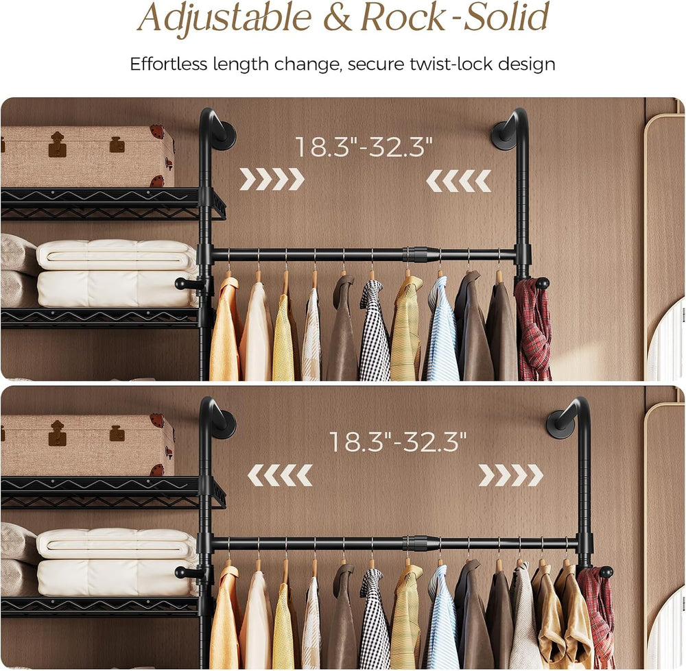 Wall Mounted Closet System, Heavy Duty 5-Row Clothes Rack, Expandable Industr...