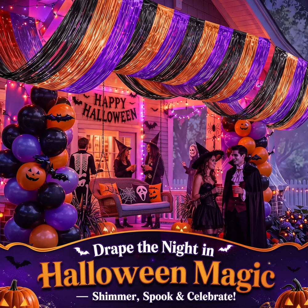 8 Pcs Halloween Decor, Orange Purple Black Ceiling Fringe Curtains