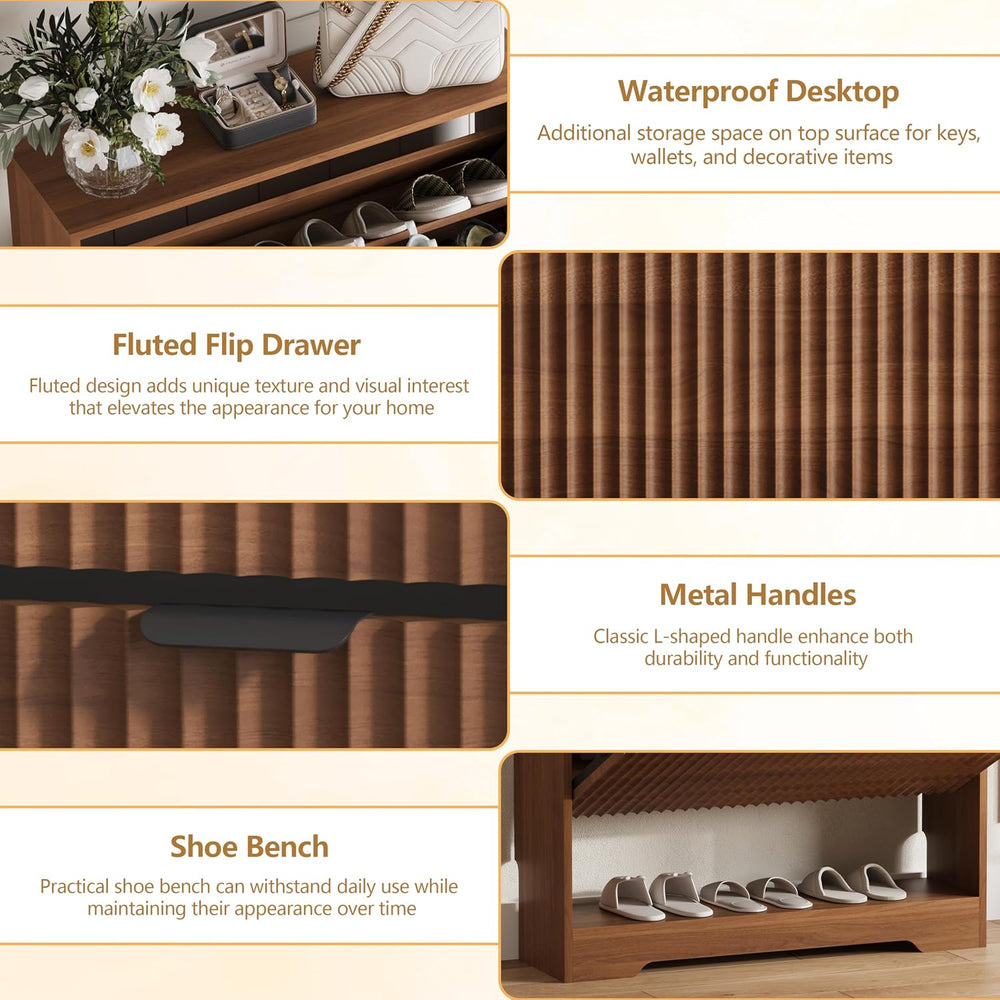 HUANLEGO Shoe Cabinet Storage for Entryway with 2 Flip Drawers, Walnut Fluted...
