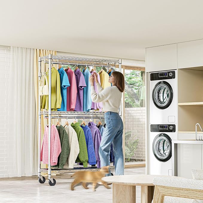 Heavy Duty Rolling Garment Rack 3 Tiers Adjustable Wire Shelving Clothes Rack
