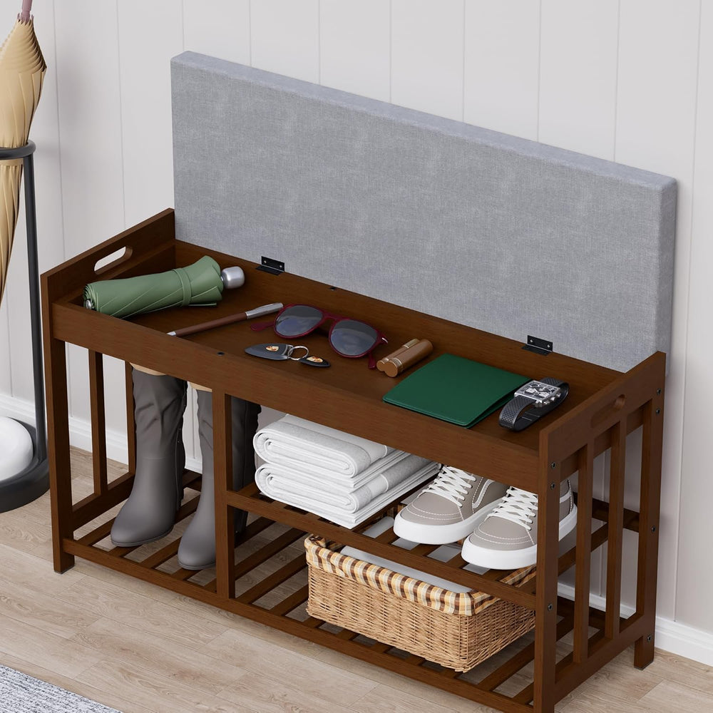 Bamboo Shoe Storage Bench with Cushioned Seat 3-Tier Entryway Shoe Rack