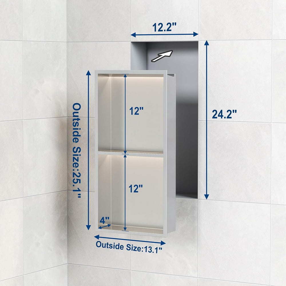 Brushed 2-Tier 3 CCT LED Niche, 12"x24" No-Tile Shower Storage