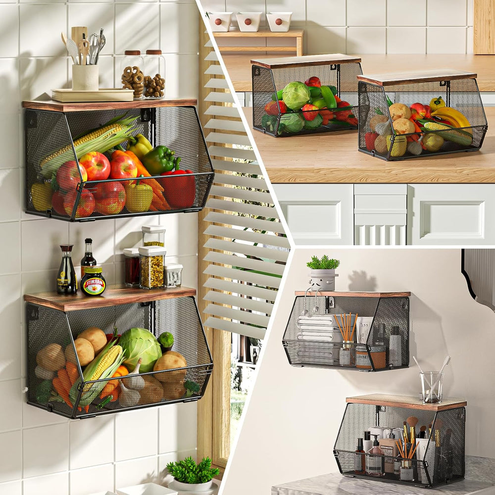 2 Tier Fruit Basket for Kitchen Counter, Stackable Onion and Potato Storage B...