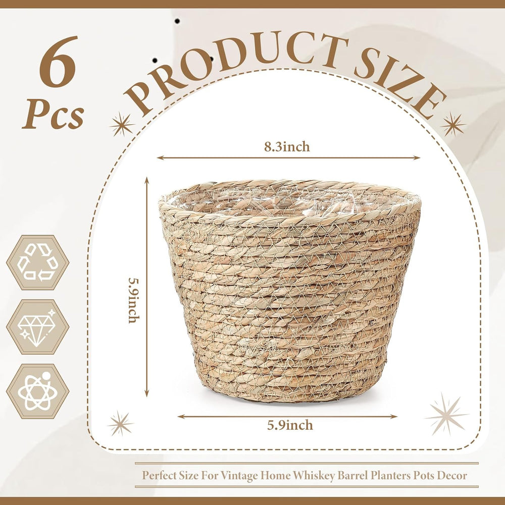 AceOrbit 6 Pcs Wicker Plant Basket Bulk with Liners, Medium, Rustic