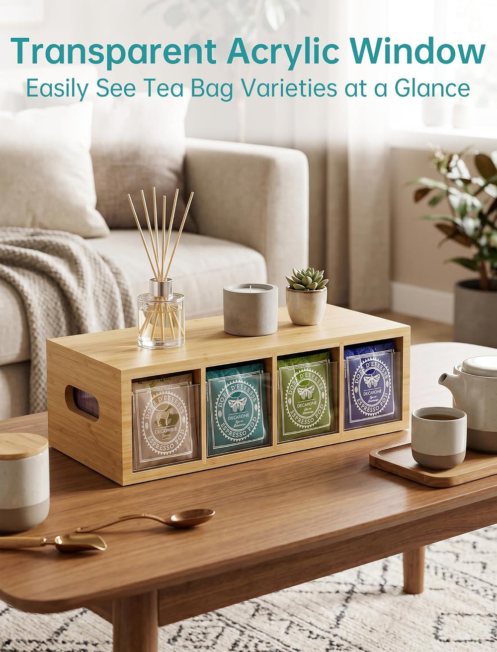NiHome Bamboo Tea Bag Organizer with 4 Clear Acrylic Drawers and Top Tray