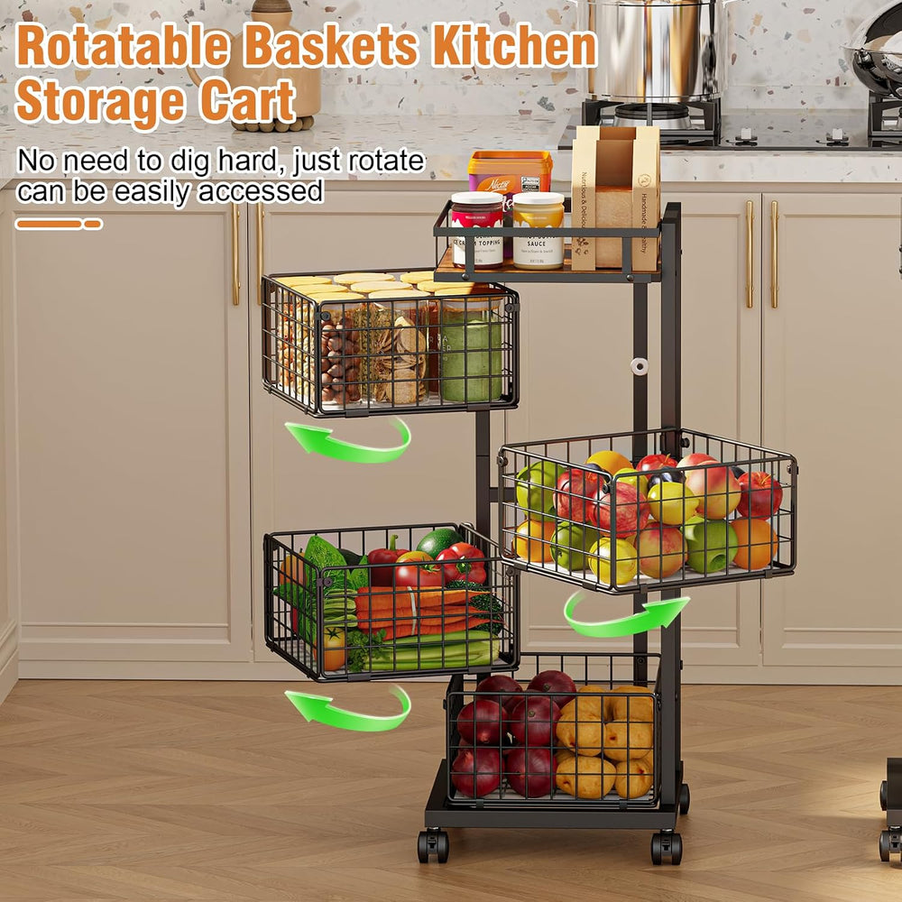 4-Tier Kitchen Storage Cart, Rotating Fruit Vegetable Storage Cart, Rolling K...