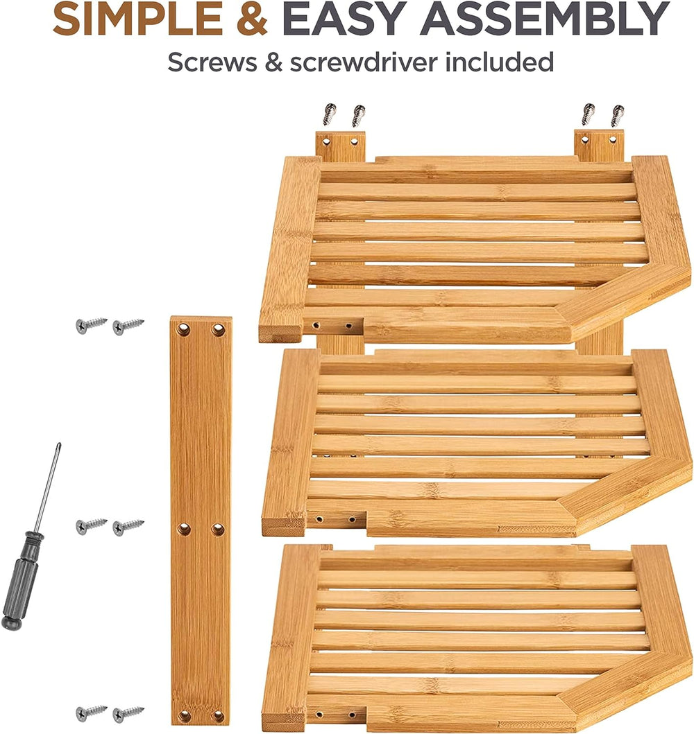 2 Pack Plate Organizer for Cabinet, 3-Tier Bamboo Corner Shelf Rise