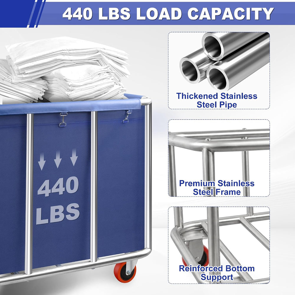 420L Commercial Rolling Laundry Cart, 440lbs Heavy Duty Steel Hamper, Blue