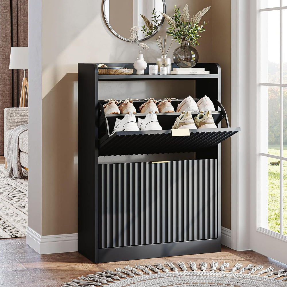 Black Fluted Slim Shoe Cabinet Storage with 2 Flip Drawers for Entryway