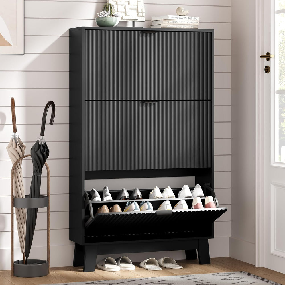 Shoe Cabinet Storage for Entryway with 3 Flip Drawers, Fluted Narrow Shoe Org...