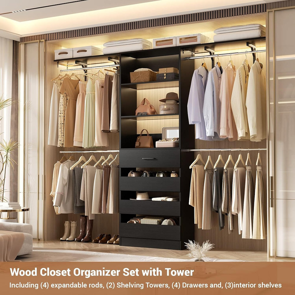 Aheaplus Closet System with 4 Drawers, 8FT Wood Closet Organizer System