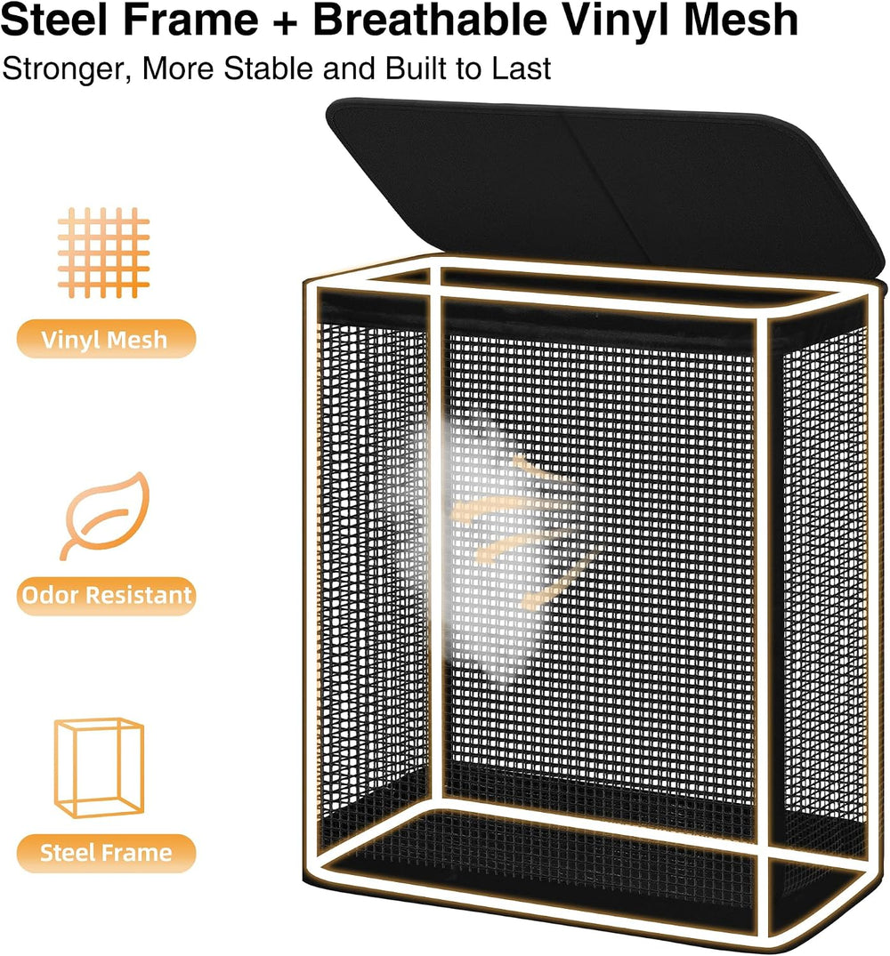 2 Section Laundry Hamper with Lid, 140L Steel-Frame Double Laundry Hamper wit...